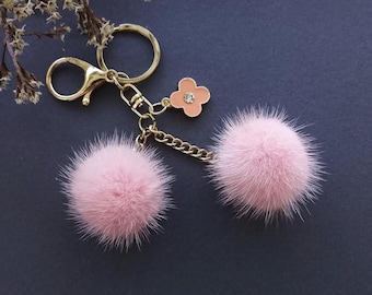 Pink Mink Fur Pom Pom Keychain: Handmade Bag Charm