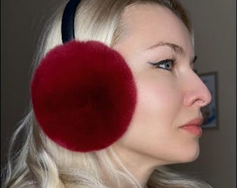 Burgundy Rex Rabbit Fur Earmuffs: Fluffy Winter Ear Warmers  display picture 3