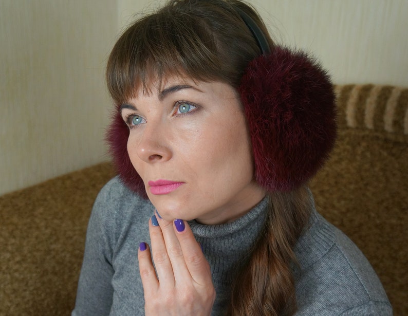 Rabbit fur burgundi Ear Warmers Fluffy ear muffs Earmuffs women Christmas gift Real fur earmuffs Gift for her.