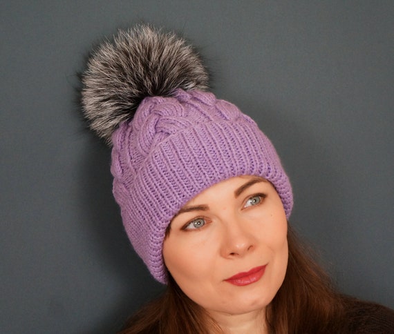Lilac Knit Beanie: Wool Cloche Hat With Silver Fox Pom Pom  display picture 2