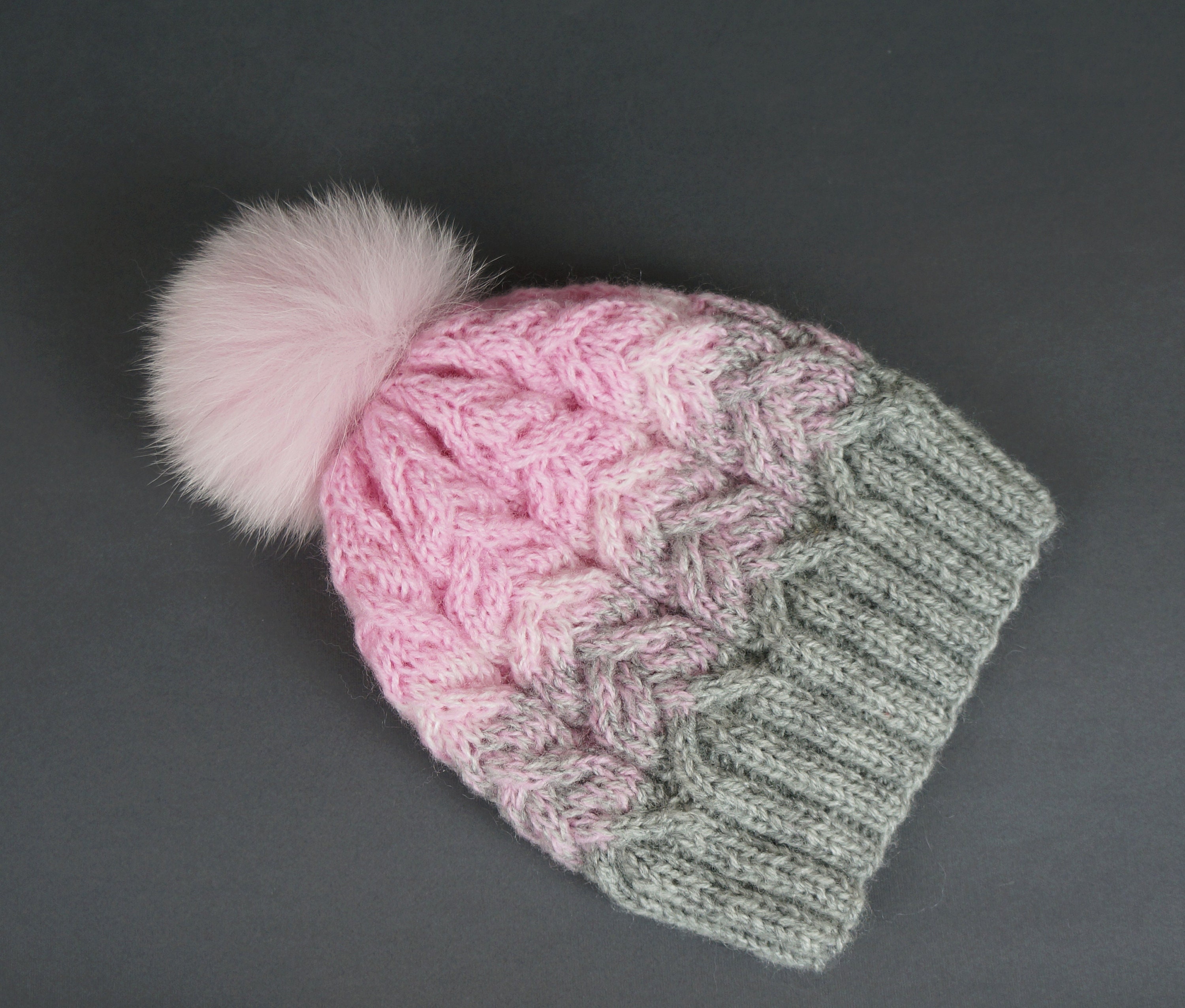 Pink-grey Knit Hat: Fur Pom Pom Cable Beanie - Etsy