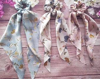 hair scrunchies, floral scrunchies, scarf with knot, knot scrunchie, scarf for hair, boho accessory, bow scrunchie, scarf scrunchie