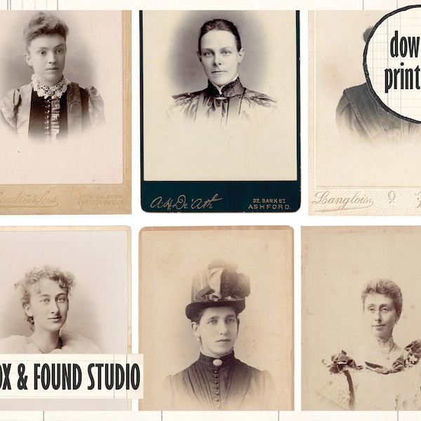 Victorian Cabinet Card Photos Printable Ephemera, digital download, A4 PDF sheet, old photos, collage, female portraits, carte de visite