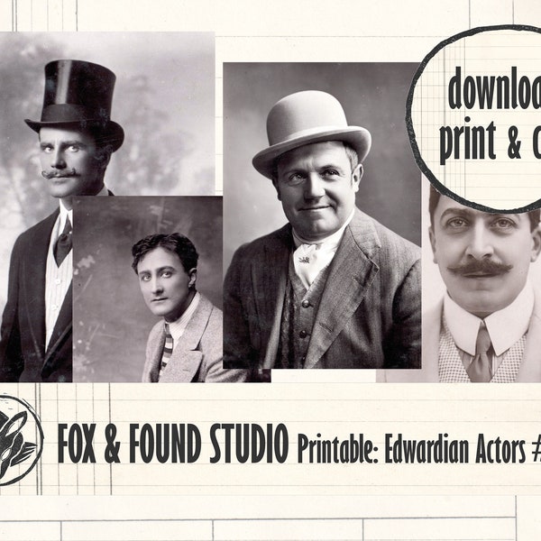 Edwardian Actors Postcards Printable Ephemera, digital download, A4 PDF sheet, old photos, junk journal, collage, mixed media, men photos