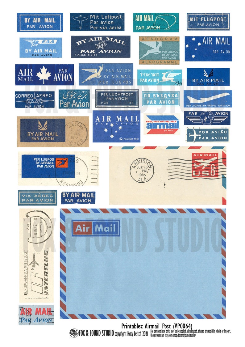 Vintage Airmail Labels Printable Ephemera, Digital Download, A4 PDF ...