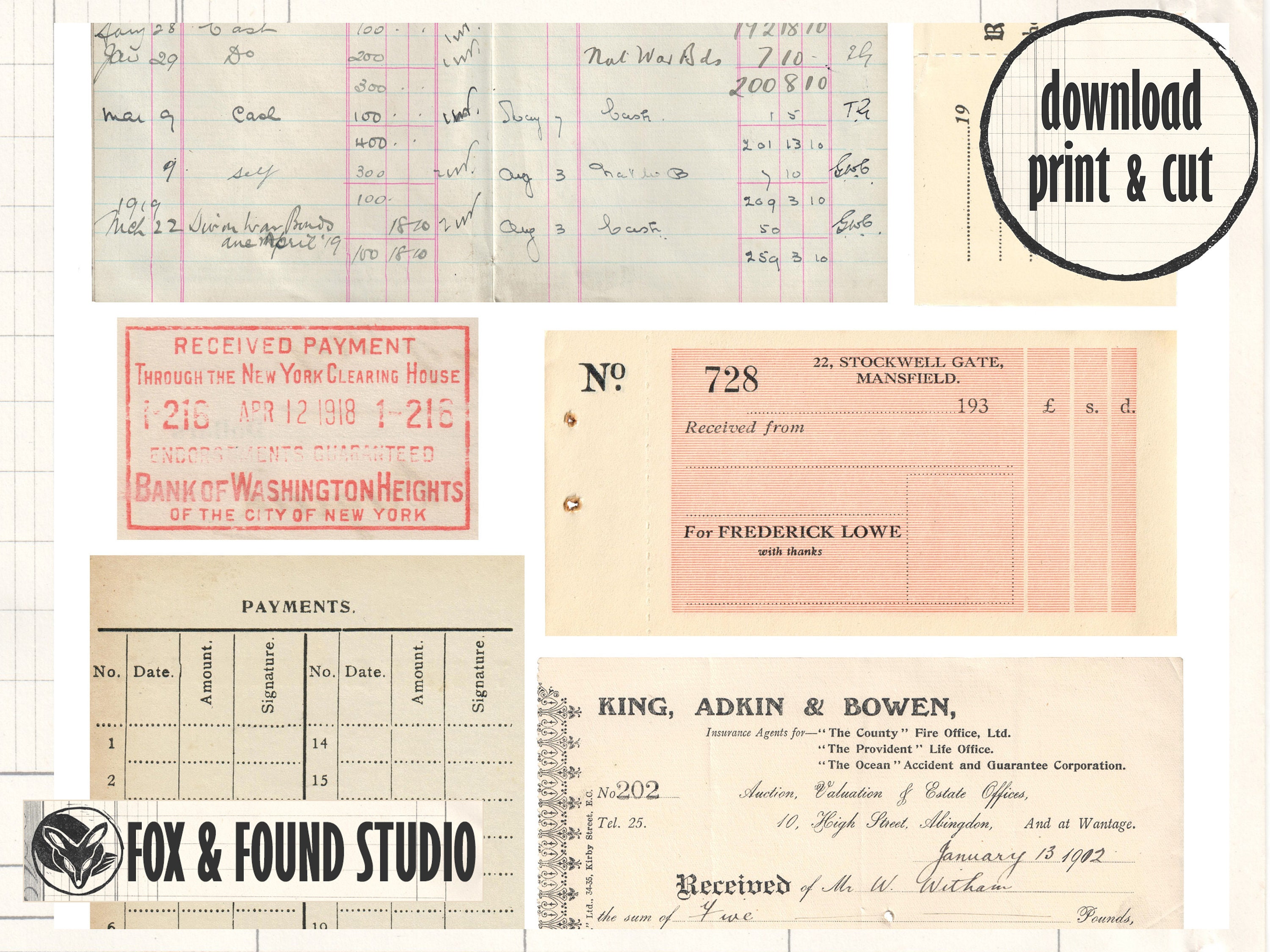 Antique &amp; Vintage Receipts Printable Ephemera, Digital Download, A4 PDF ...