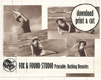 Antique Bathing Beauties Postcards Printable Ephemera digital download, A4 sheet, sepia photos, junk journaling, collage, beach, summer