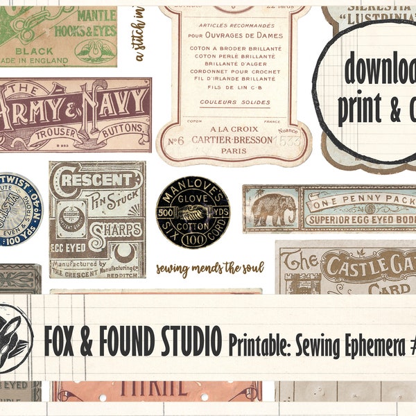 Vintage Sewing Ephemera Printable, digitaler Download, A4 PDF Bogen, Junk Journal, Collage, Mischtechnik, Kurzwaren Thema