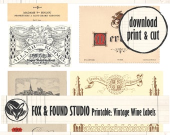 Vintage Wine Labels Printable Ephemera digital download, A4 sheet, junk journaling, collage, mixed media