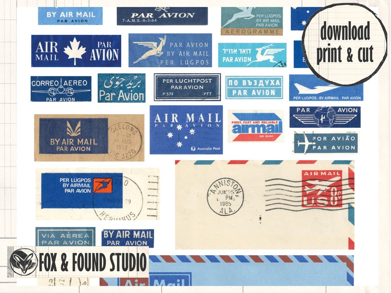 Vintage Airmail Labels Printable Ephemera, Digital Download, A4 PDF ...