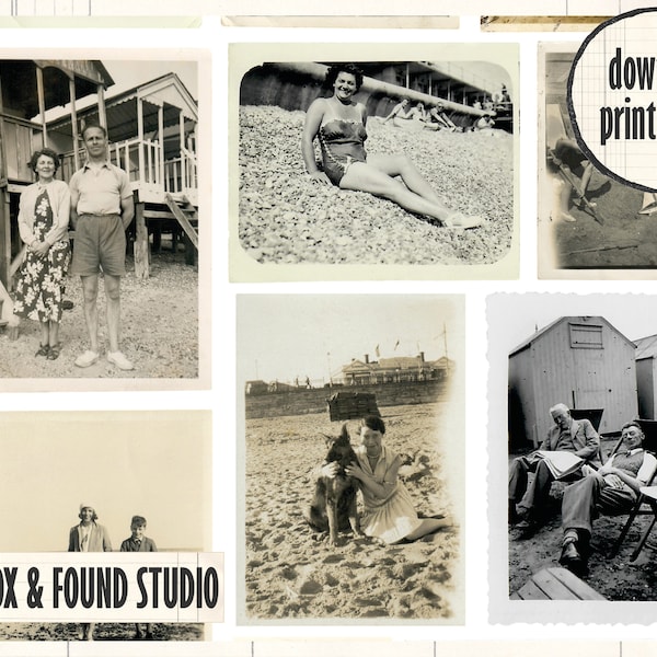 Vintage Found Photos Beach Seaside Printable Ephemera, digital download, A4 PDF sheet, old photos, junk journal, collage, travel journal