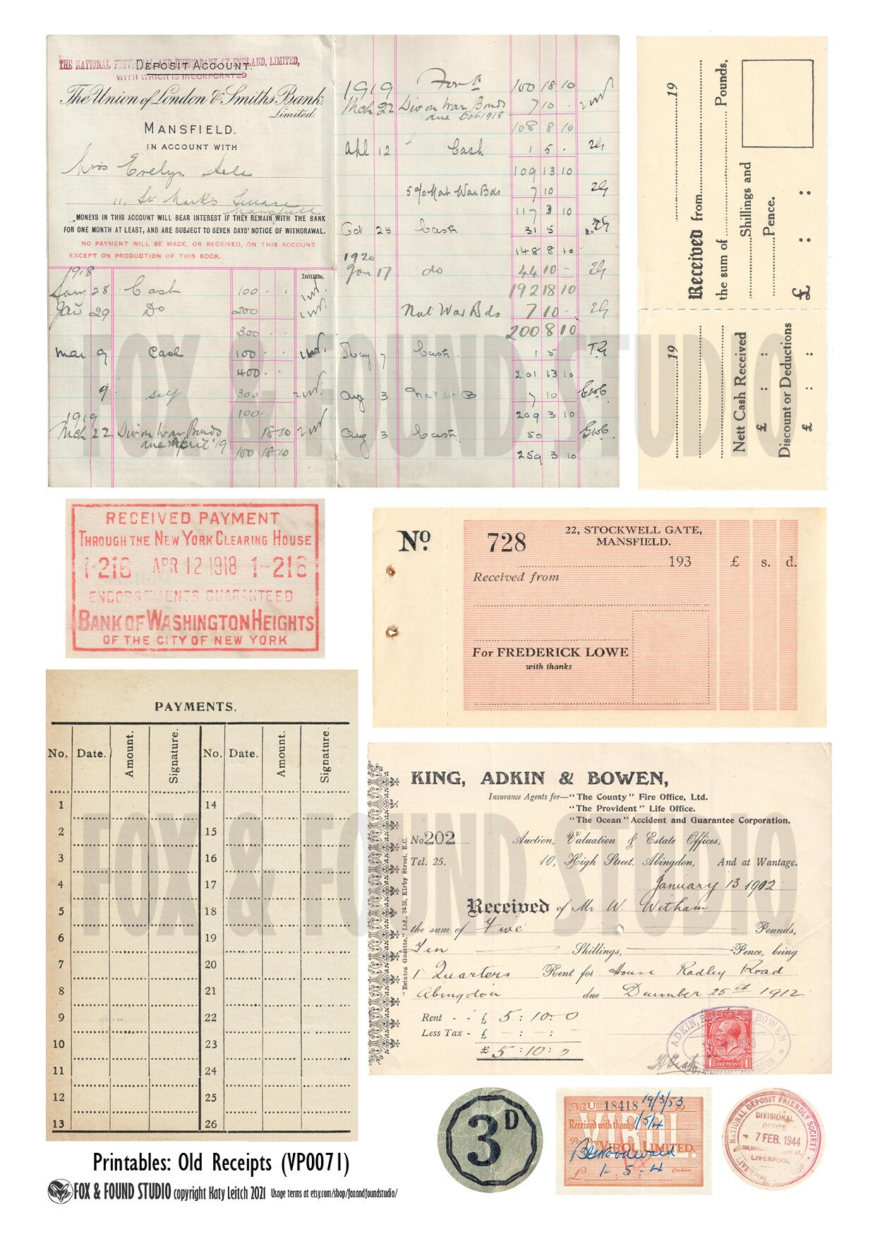 Antique &amp; Vintage Receipts Printable Ephemera, Digital Download, A4 PDF ...