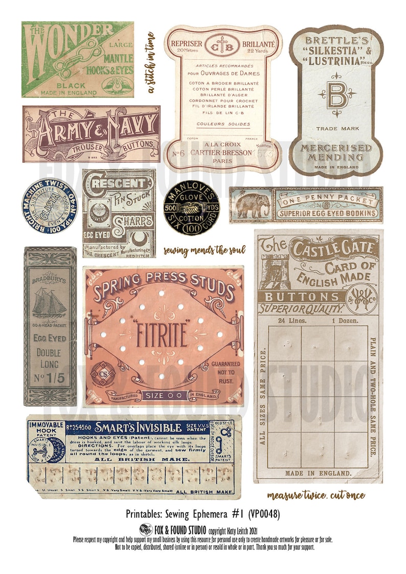 Vintage Sewing Ephemera Printable, digital download, A4 PDF sheet, junk journal, collage, mixed media, haberdashery theme image 2