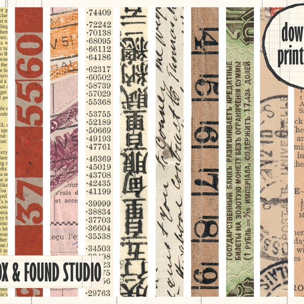 Vintage Tape Strips Printable Ephemera, digital download, A4 PDF sheet, junk journal, collage, mixed media, vintage washi tape, faux washi