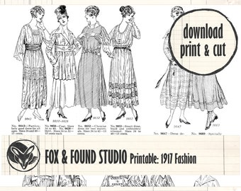 Antique 1917 Fashion Illustrations Printable Ephemera, digital download, A4 PDF sheet, junk journal, Edwardian ladies, collage fodder