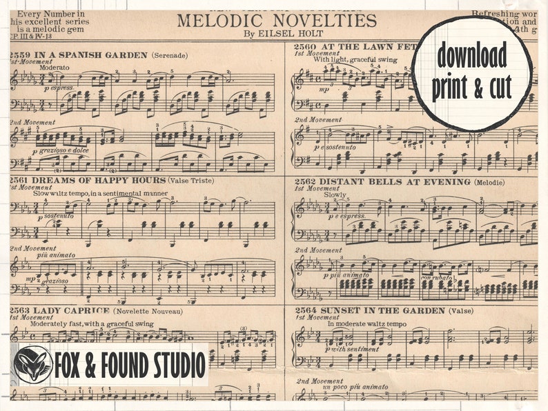 Antique Music Sheet Book Page Printable Ephemera, Digital Download, A4