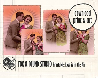 Art Deco 1930s Lovers Postcards Printable Ephemera digital download, A4 sheet, old photos, junk journaling, collage, Valentine