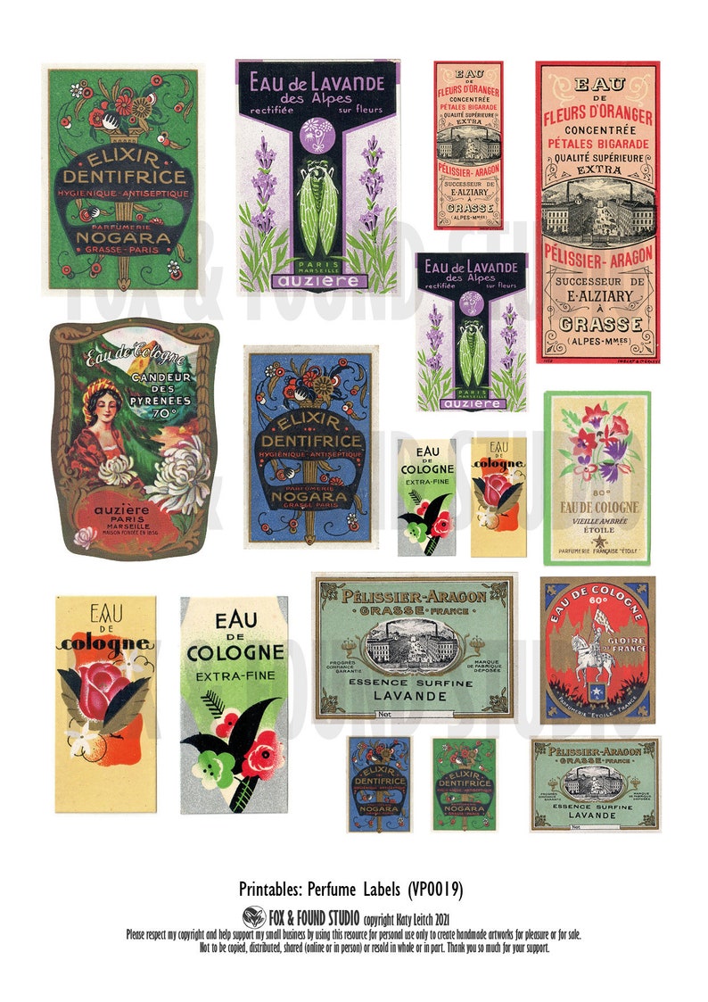 Vintage French Perfume Labels Printable Ephemera, Digital Download, A4 ...