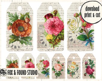 Floral Collage Tags Printable, digital download, A4 PDF sheet, junk journal, collage fodder, mixed media, vintage tags, flower tags