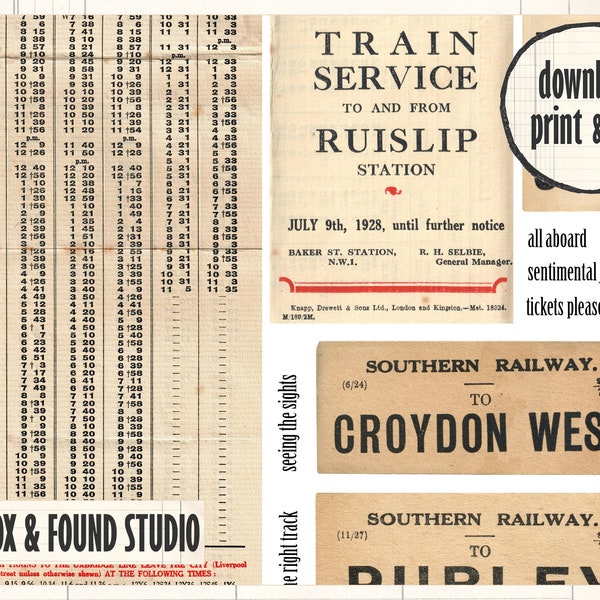 Train Travel Printable Ephemera, digital download, A4 PDF sheet, junk journal, collage fodder, mixed media, travel journal, train tickets