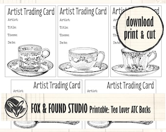 Tea Lover ATC Backs Printable Ephemera, digital download, A4 sheet, Artist Trading Cards, ATCs, vintage teacups