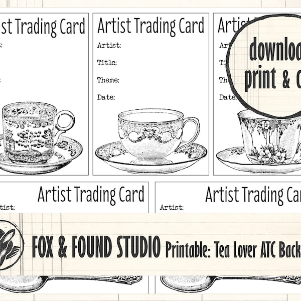 Tea Lover ATC Backs Printable Ephemera, digital download, A4 sheet, Artist Trading Cards, ATCs, vintage teacups