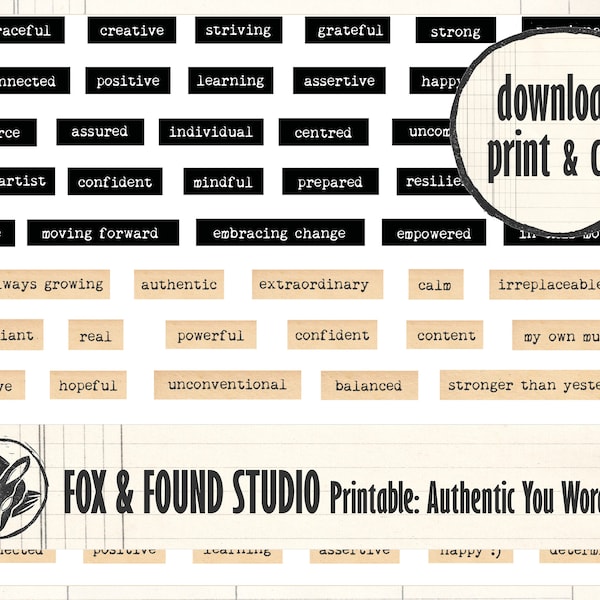 Authentic You Words Printable Ephemera, digital download, A4 PDF sheet, junk journal, collage fodder, mixed media, positive affirmations