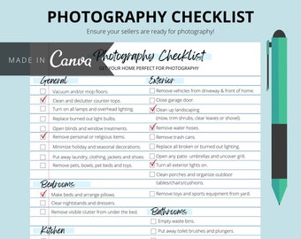 Lista de verificación de fotografía de bienes raíces EDITABLE / Imprimible de bienes raíces / Plantilla Canva de agente inmobiliario