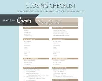 Hoja de trabajo de cierre simple Lista de verificación de bienes raíces / Lista de verificación del coordinador de transacciones / Lista de tareas de cierre del vendedor del comprador de bienes raíces