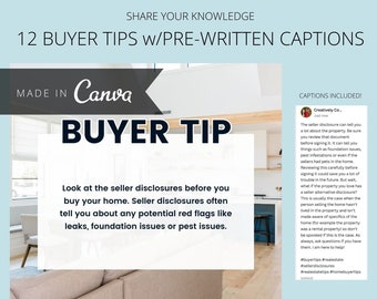 Contenido de redes sociales para compradores de bienes raíces / Plantilla de bienes raíces / Plantillas de Canva para agentes inmobiliarios / Consejos para compradores de viviendas en Facebook e Instagram