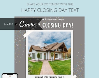 Felicitaciones Texto del día de cierre a los clientes / Plantilla de bienes raíces / Plantilla Canva de agente inmobiliario / Recordatorio del día de cierre