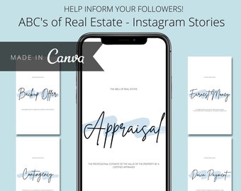 Historias EDITABLES de Instagram de bienes raíces / ABC de bienes raíces / Plantilla Canva de agente inmobiliario