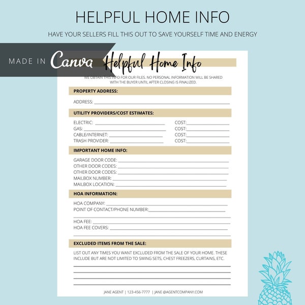 Real Estate Helpful Home Info Sheet | Home Seller Checklist | Realtor Check List For Seller | Home Check List | Home Information Sheet