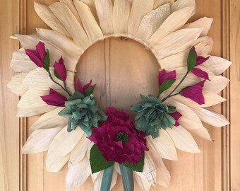 Cornhusk wreath with flowers, cactus flower, desert flower, bohemian decor, corn husk flower, doorwreath, wedding wreath