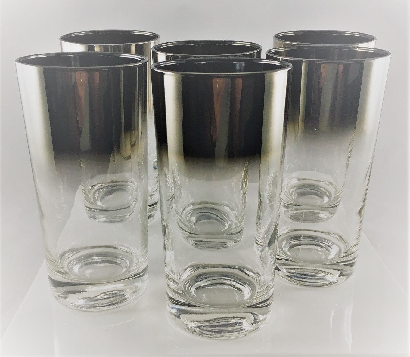 Set of 6 Mid-Century Silver Fade Ombre Tall Hi Ball Glasses - Clear ...
