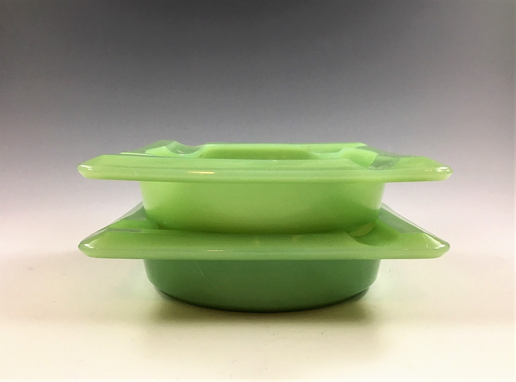 Set of 2 Jadeite Ashtrays Vintage Green Glass Ashtrays Square Ashtrays