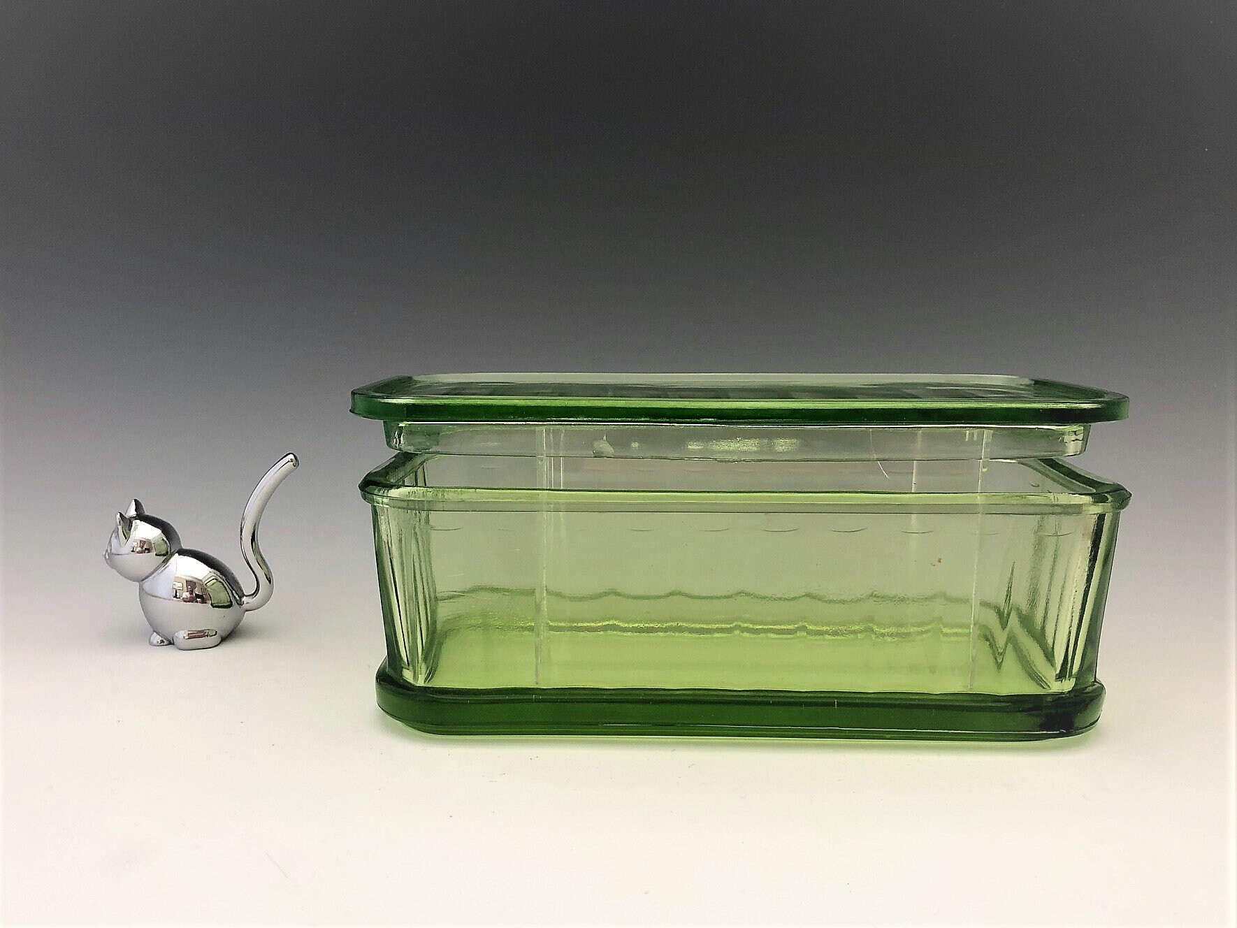 Hocking Glass Covered Refrigerator Dish Glowing Uranium Glass Green