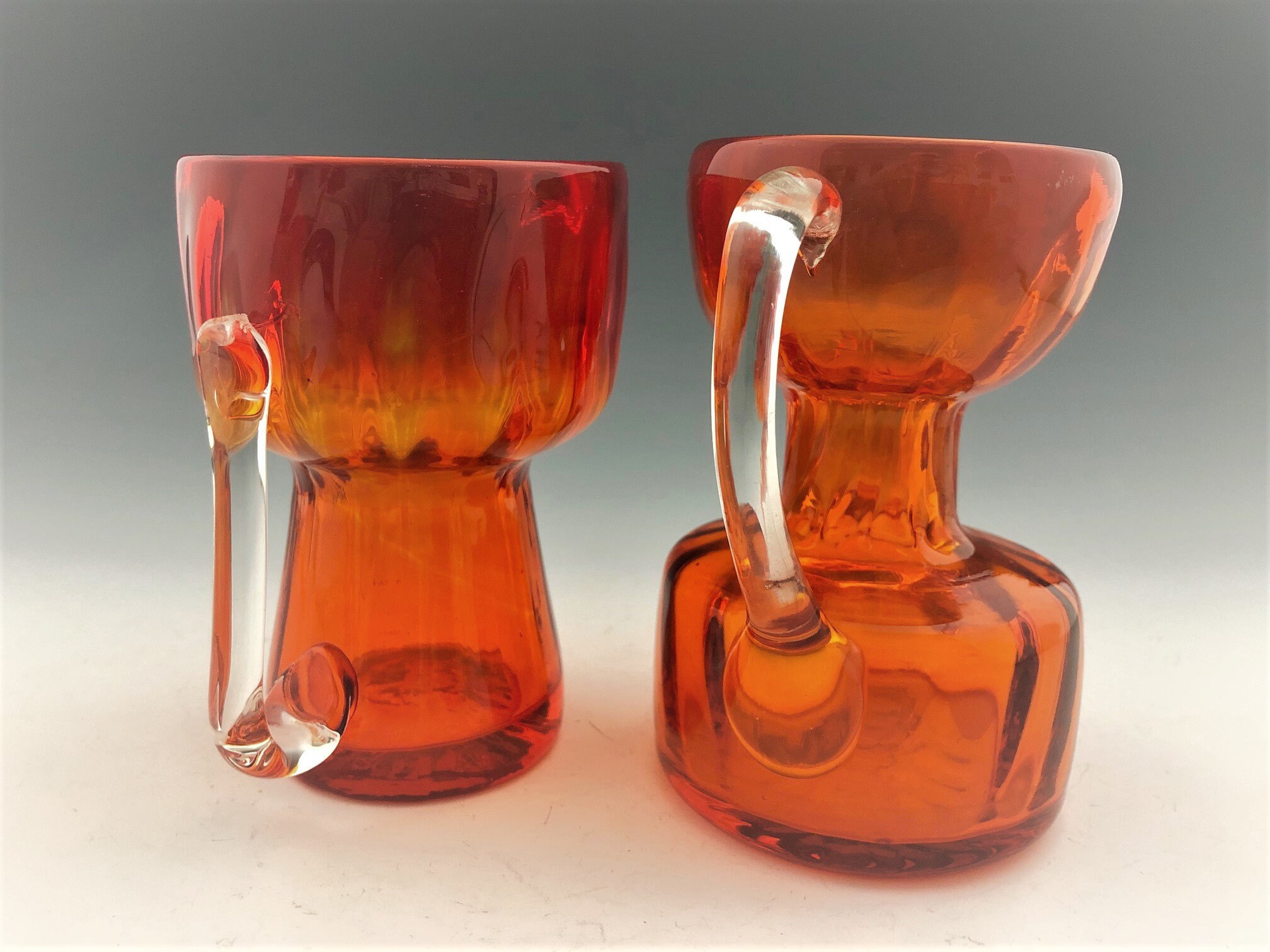 Set of 2 Pilgrim Glass Mini Pitchers Amberina Glass Creamers Orange