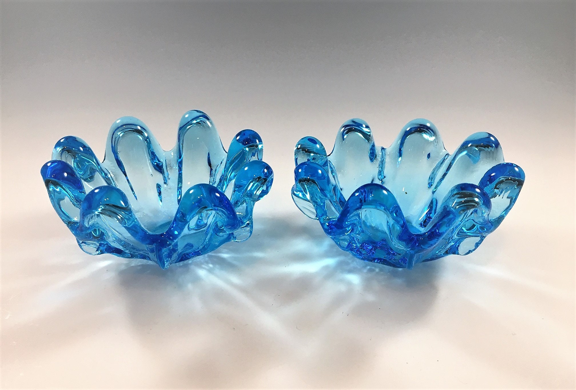 Set of Two Blue Art Glass Candle Bowls Stackable Candle Holders