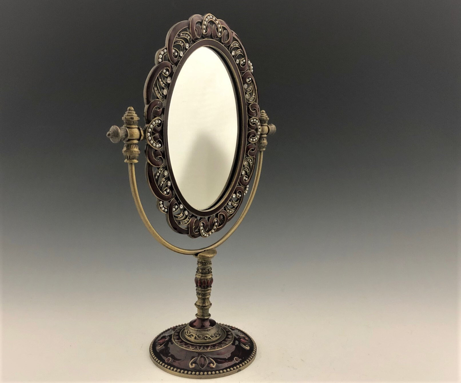 Bejeweled Princess Vanity Mirror Vintage Glass and Metal Mirror Cloisonne Style Adjustable