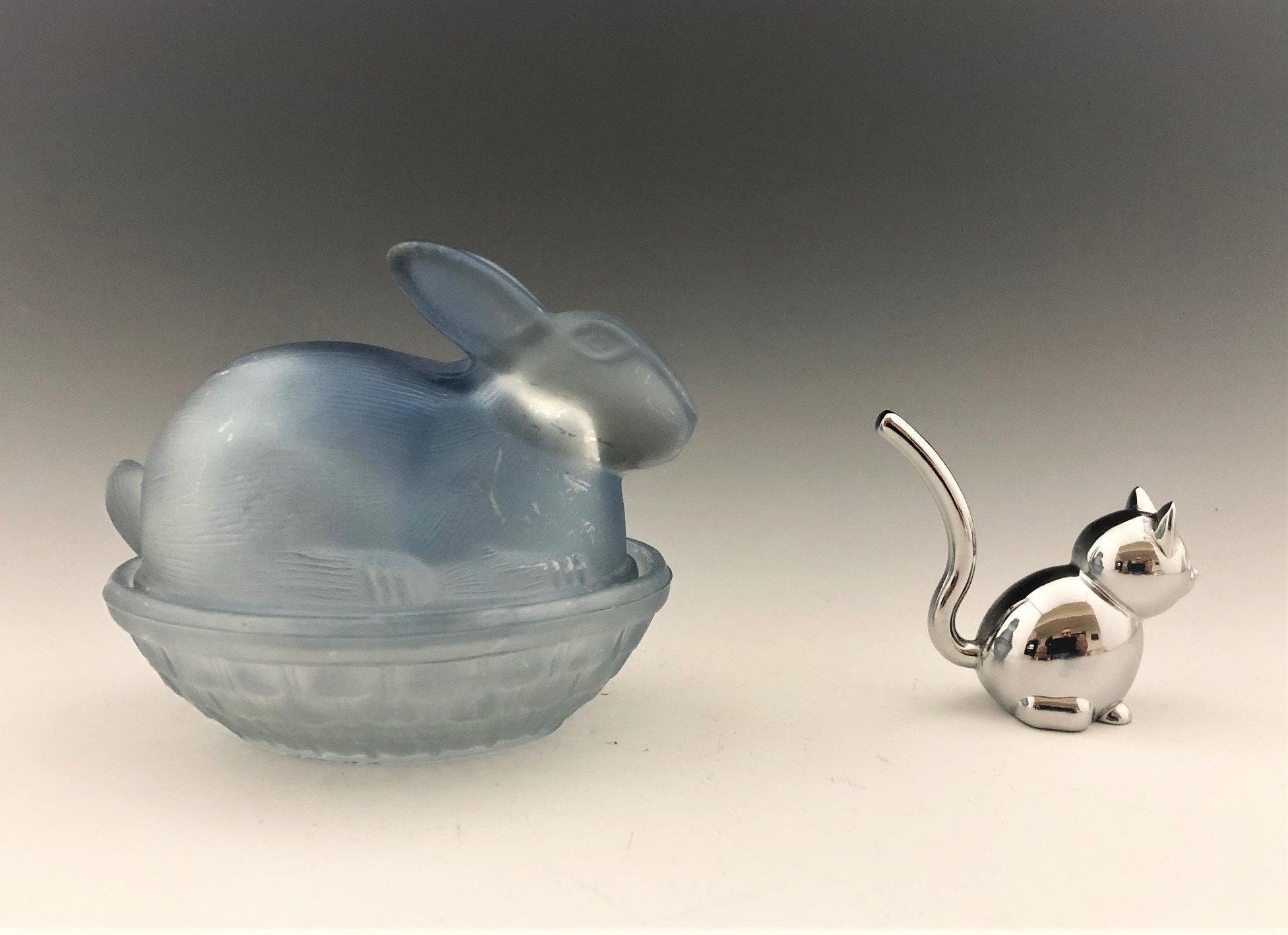 Set of Three Rabbits On Nest Bunny Covered Candy Dishes Glass