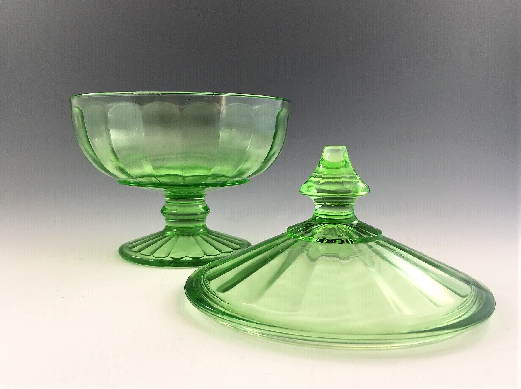 Hazel Atlas Ribbon Green Covered Candy Dish Footed Candy Dish Green