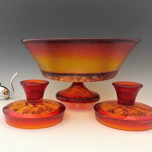 L.E. Smith Glass Sandscroll Console Bowl Set - Amberina/Flame Bowl and Candlesticks - MCM Decor - Mid Century Glass