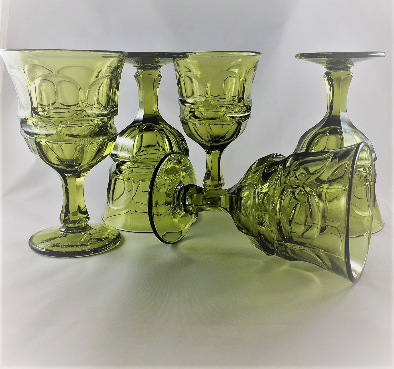 Set of 5 Vintage Fostoria Goblets Argus Green Pattern (Stem 2770) Retro Green Glasses