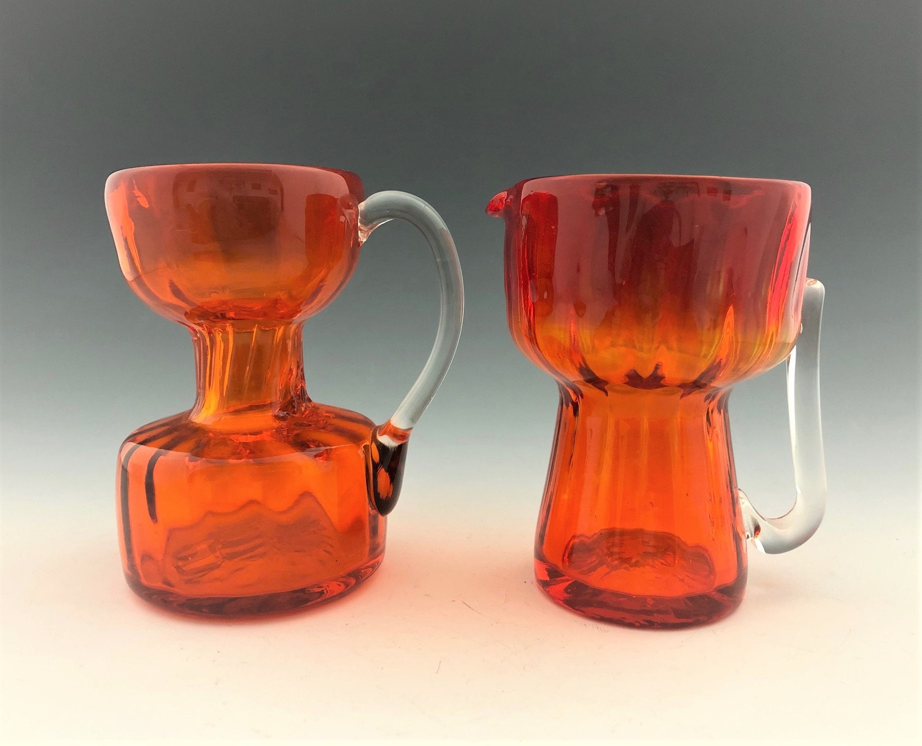 Set of 2 Pilgrim Glass Mini Pitchers Amberina Glass Creamers Orange