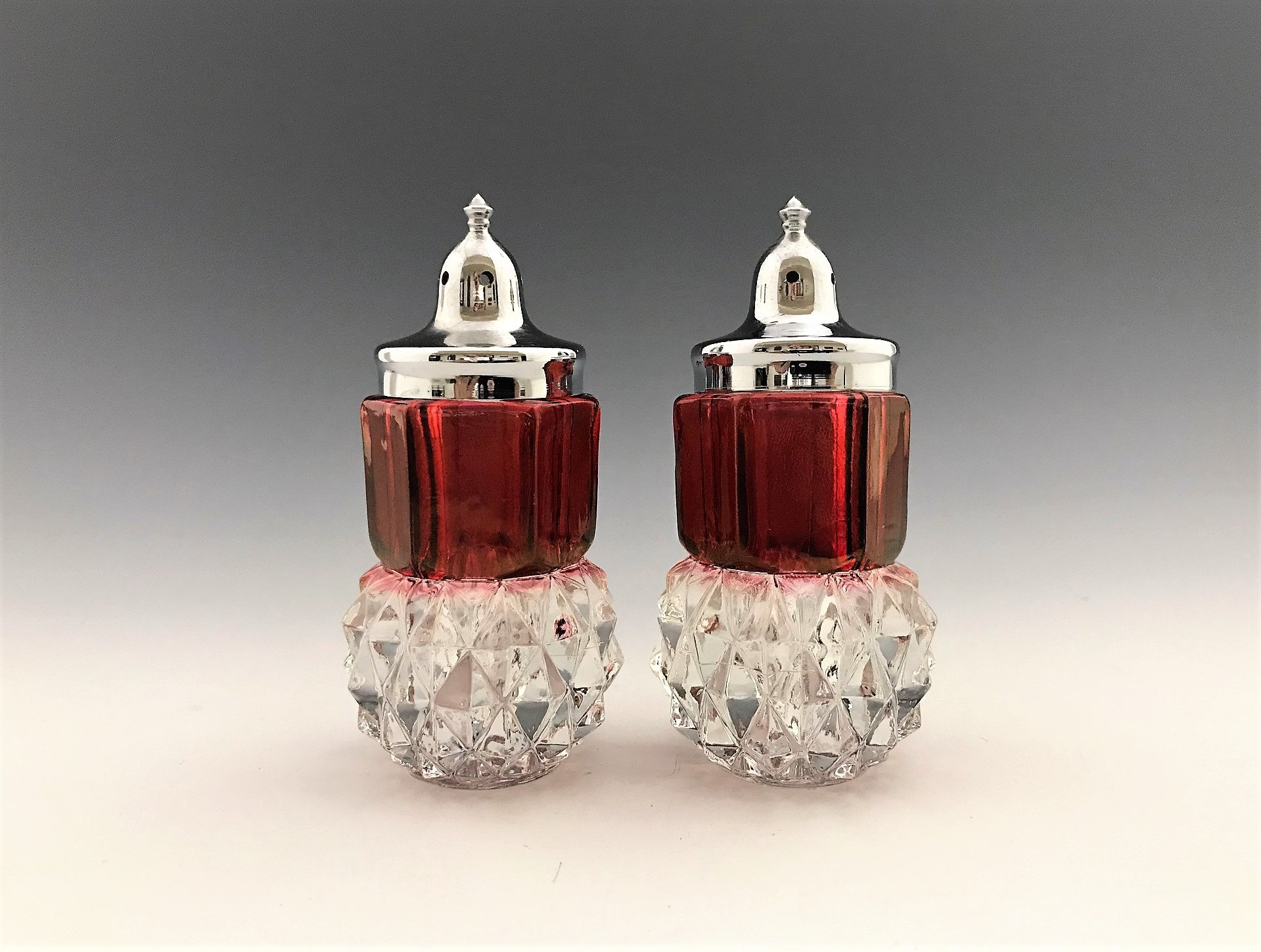 Indiana Glass Diamond Point Salt and Pepper Shakers Red Stain
