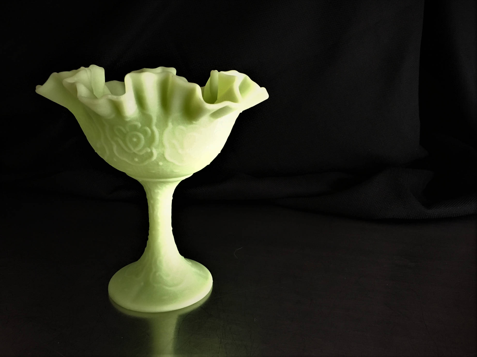 Vintage Fenton Persian Medallion Compote Lime Sherbet Satin Ruffled