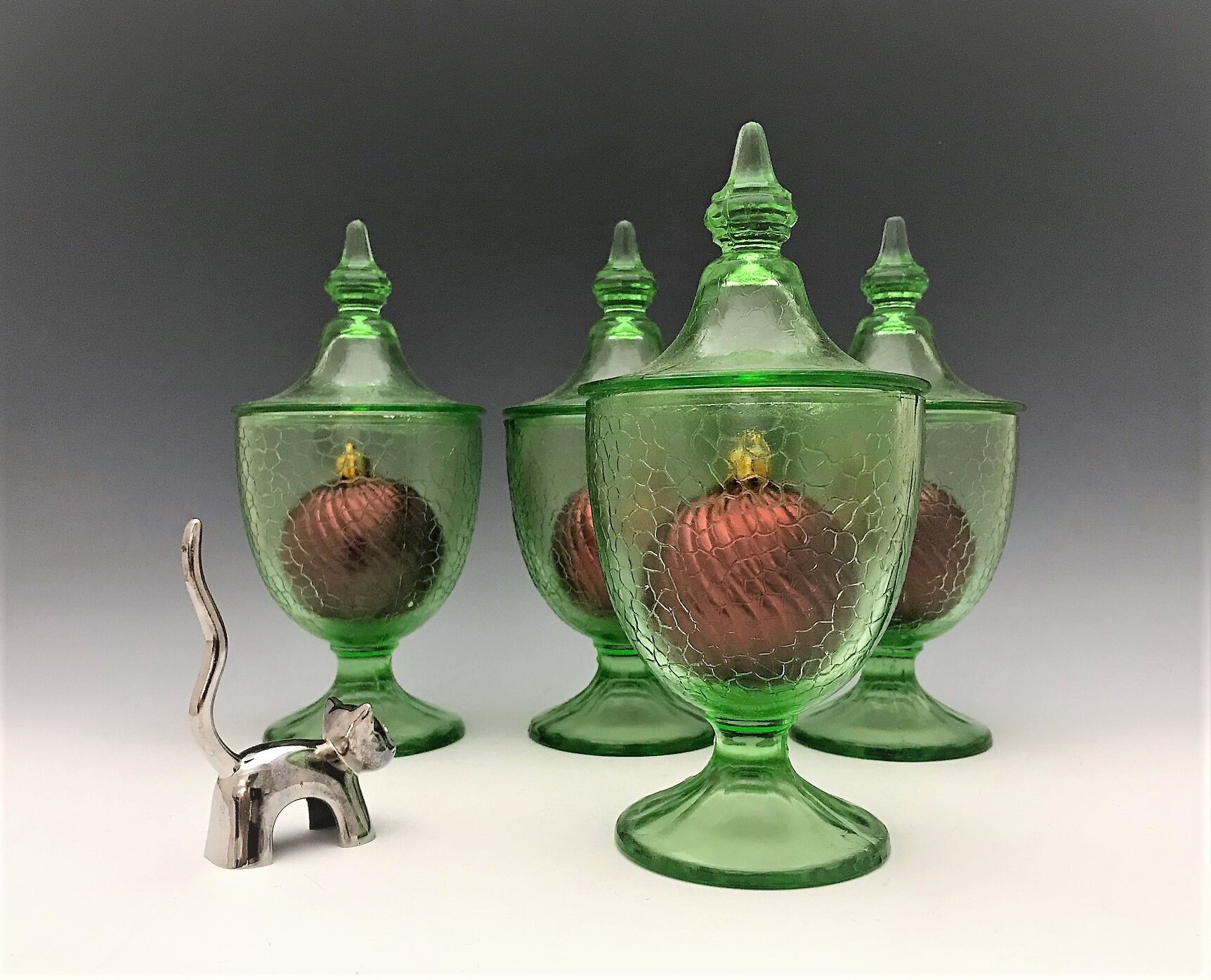 Crackle Covered Candy Jar Uranium Glass Candy Dish Green