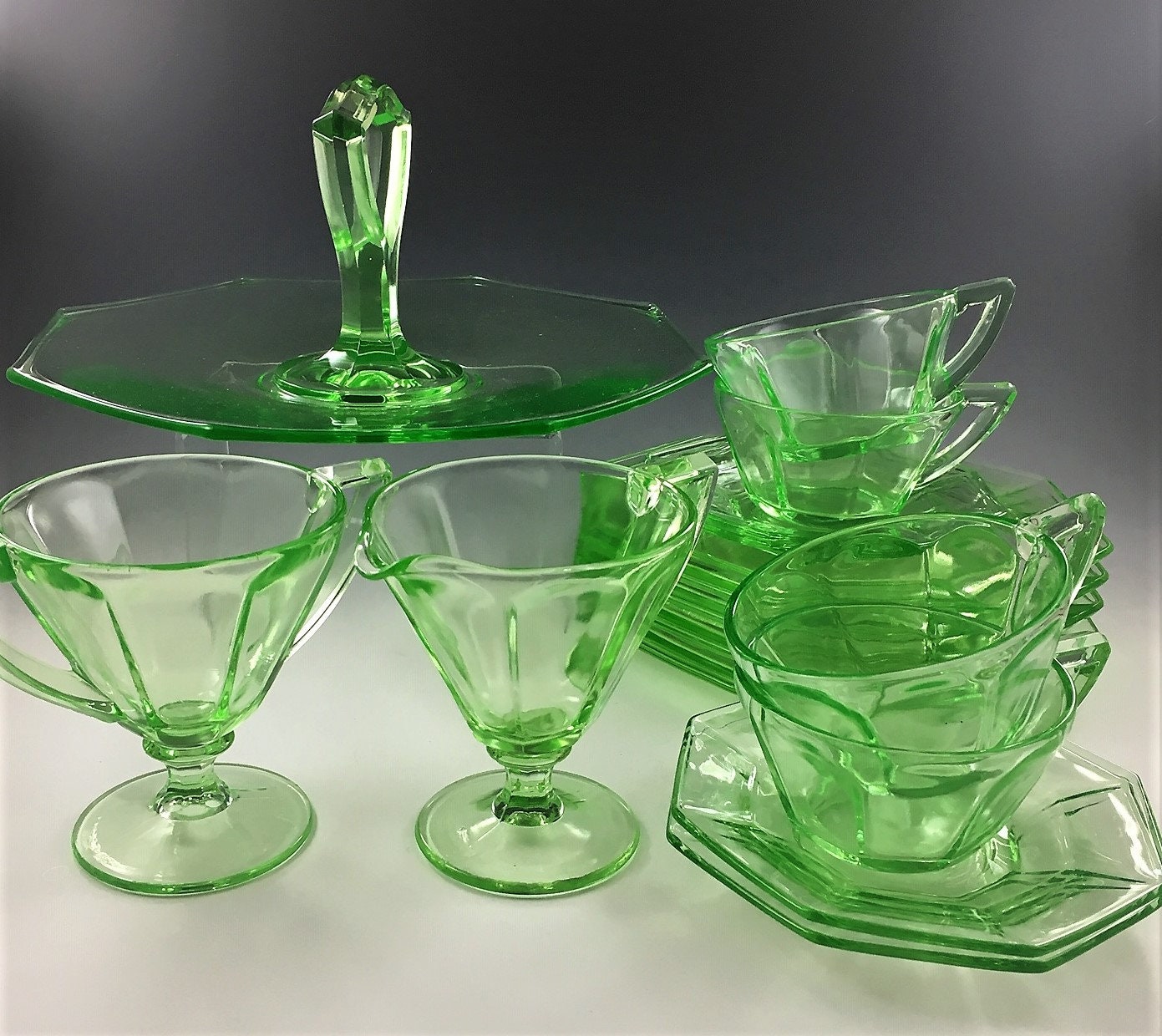 U.S. Glass Octagon Green Pattern - 15 Piece Depression Glass Bridge Set ...