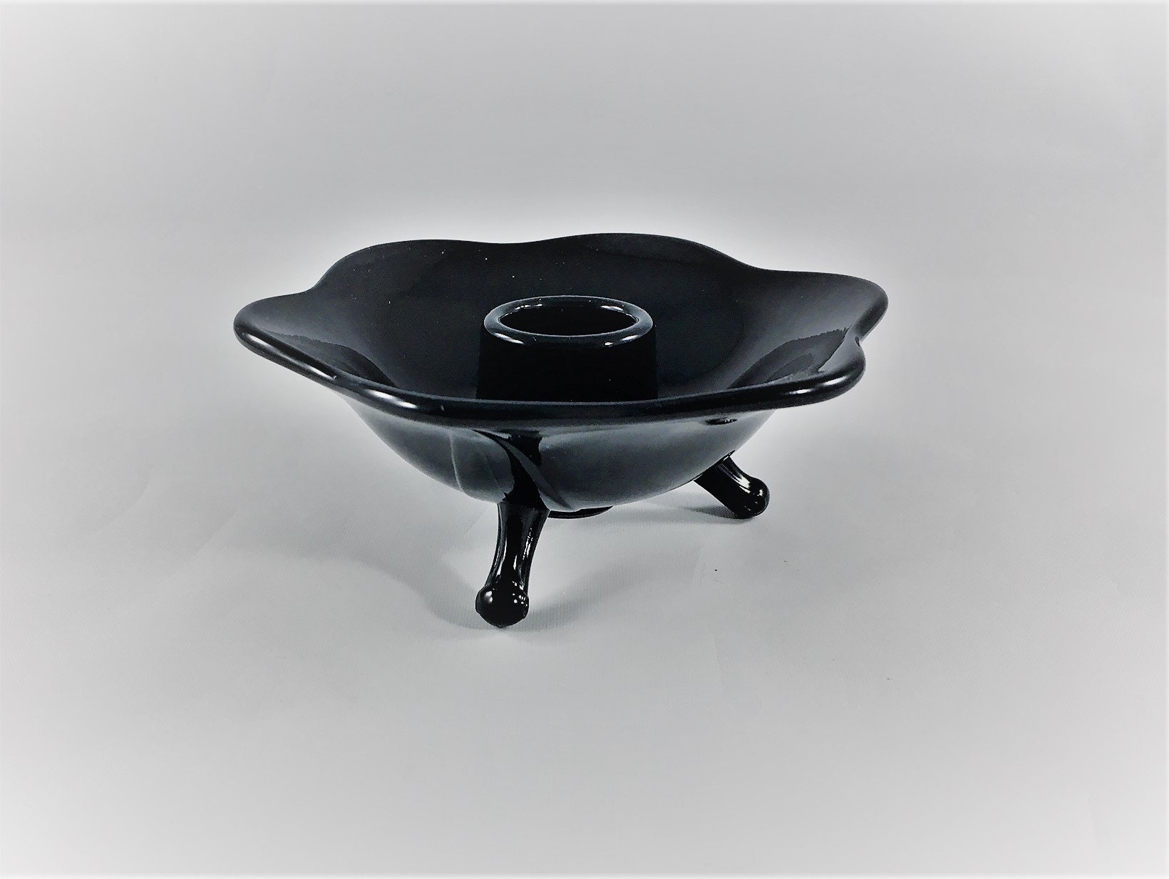 Collection of 5 Ebony Glass Candle Holders Onyx Glass Vintage Black
